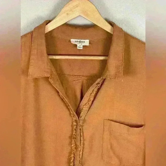 Umgee Top Orange Oversized Short Cuffed Sleeve Linen Button Up Women’s Medium - Picture 2 of 8